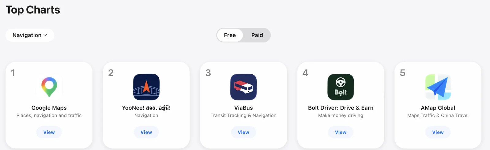 อันดับยอดนิยมบน App Store หมวดการนำทาง (ฟรี): YooNee อยู่อันดับสอง